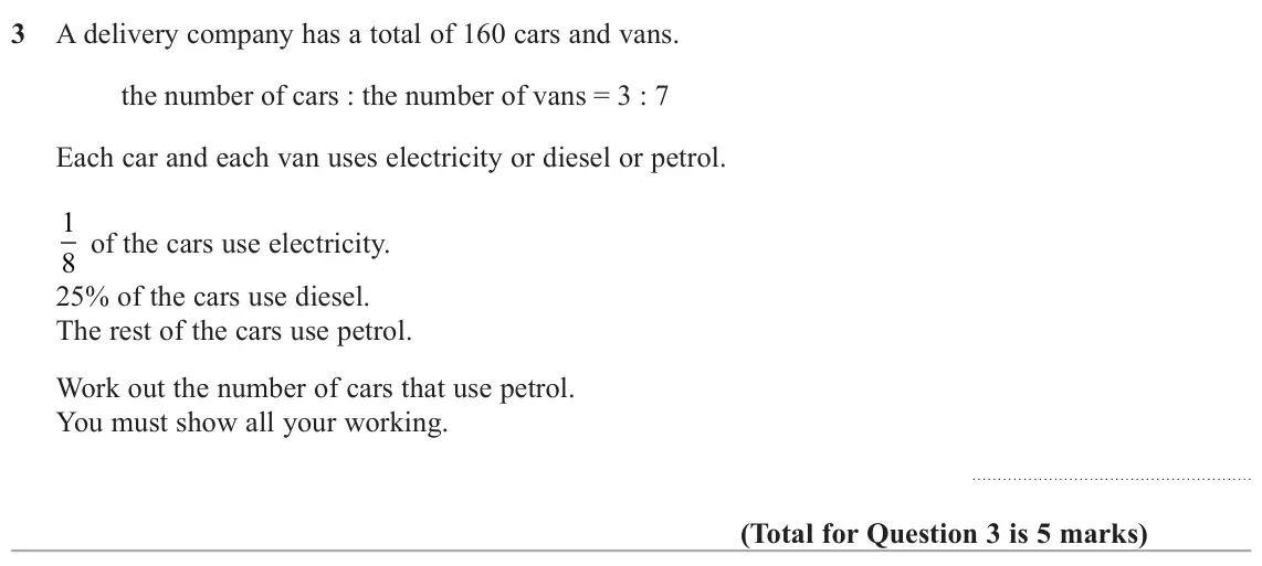 June 2022 Paper 1H, question 3: A delivery company has a total of 160 cars and vans. the number of cars : the number of vans = 3 : 7 Each car and each van uses electricity or diesel or petrol.