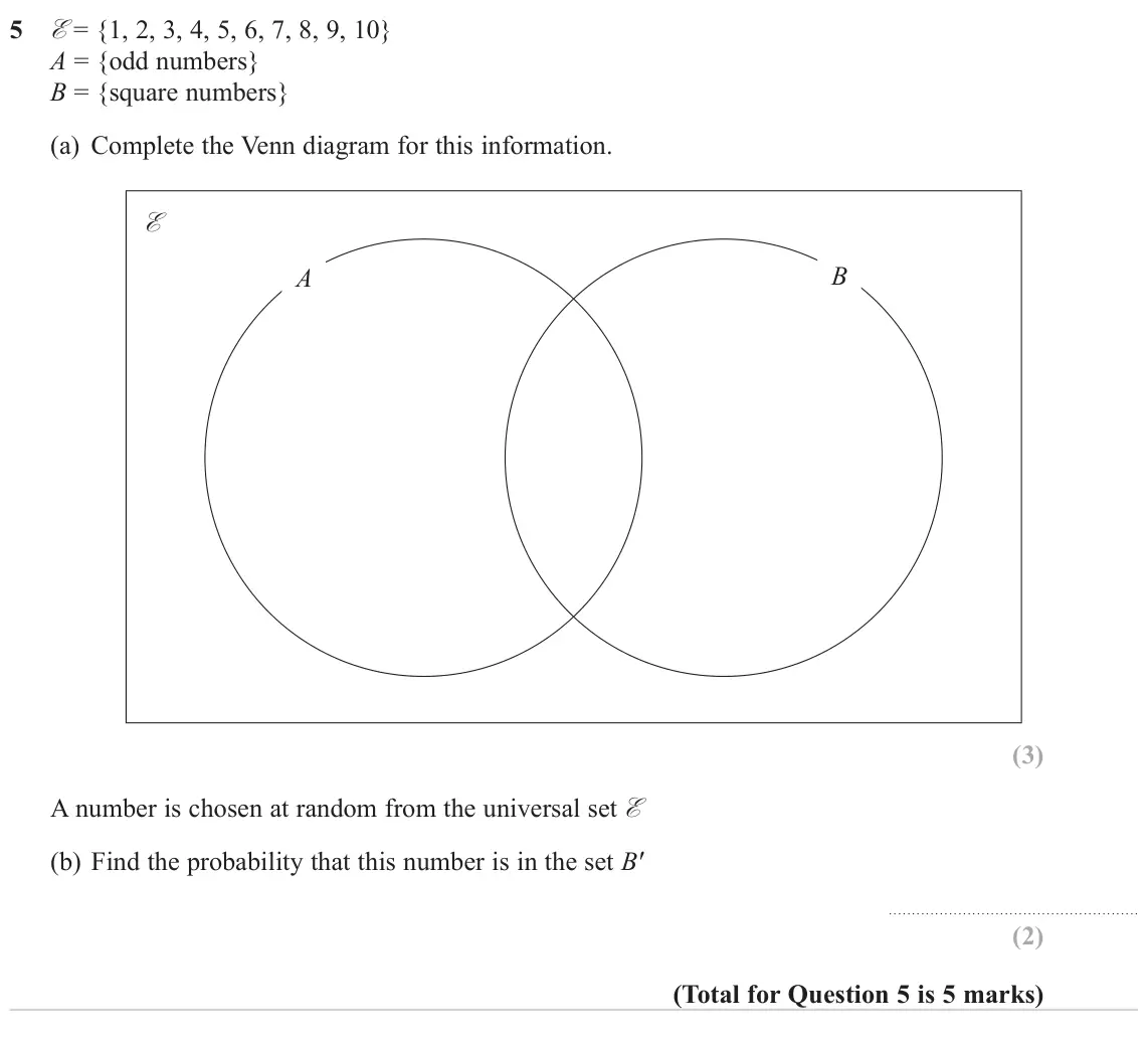 June 2023 Paper 1H, question 5: E = {1, 2, 3, 4, 5, 6, 7, 8, 9, 10} A = {odd numbers} B = {square numbers} (a) Complete the Venn diagram for this information. E B A A number is chosen at rando
