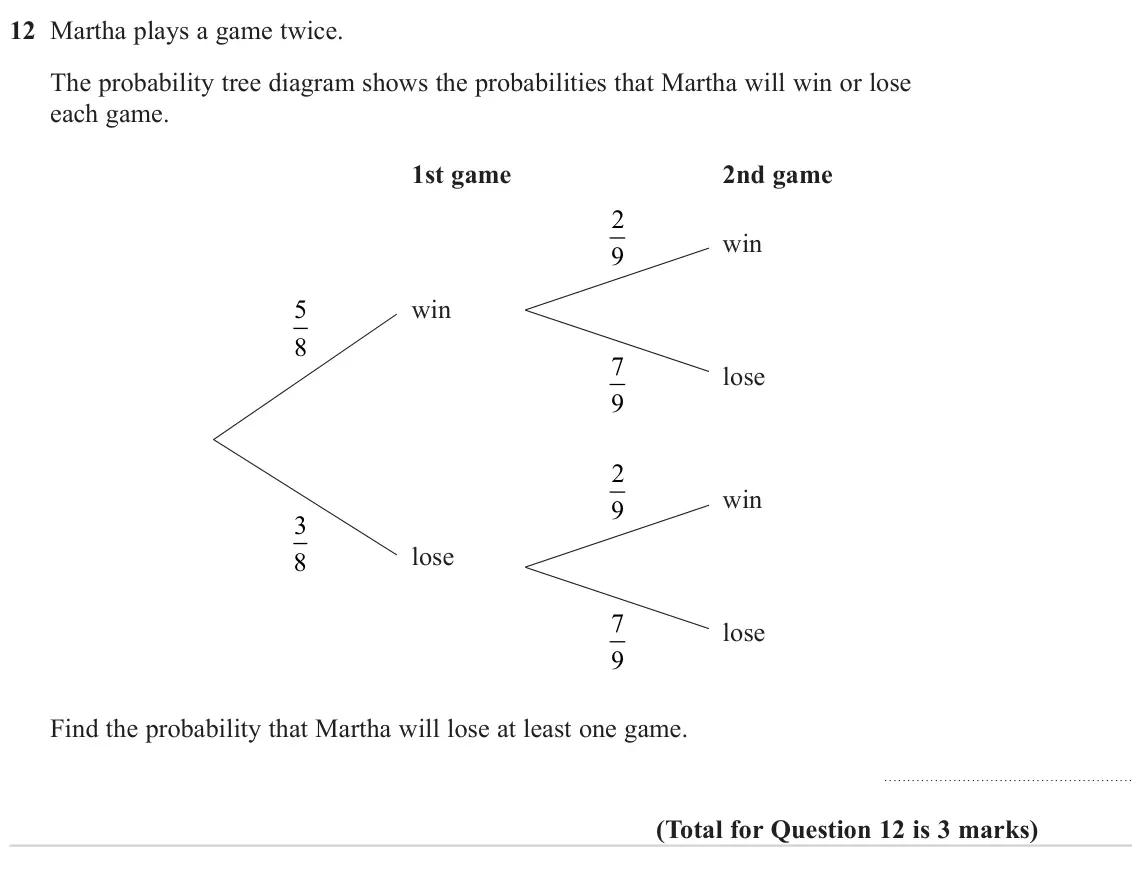 June 2023 Paper 1H, question 12: Martha plays a game twice. The probability tree diagram shows the probabilities that Martha will win or lose each game. 1st game 2nd game 2 win 9 win 5 8 7 lose