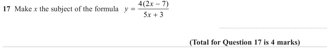 June 2023 Paper 1H, question 17: Make x the subject of the formula y x 5 3