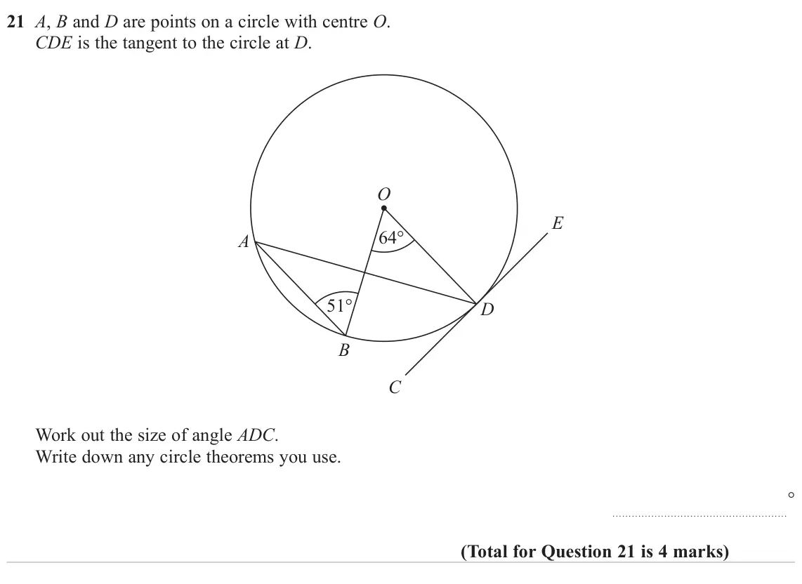 June 2023 Paper 1H, question 21: A, B and D are points on a circle with centre O. CDE is the tangent to the circle at D. O E 64° A 51° D B C Work out the size of angle ADC. Write down any circl