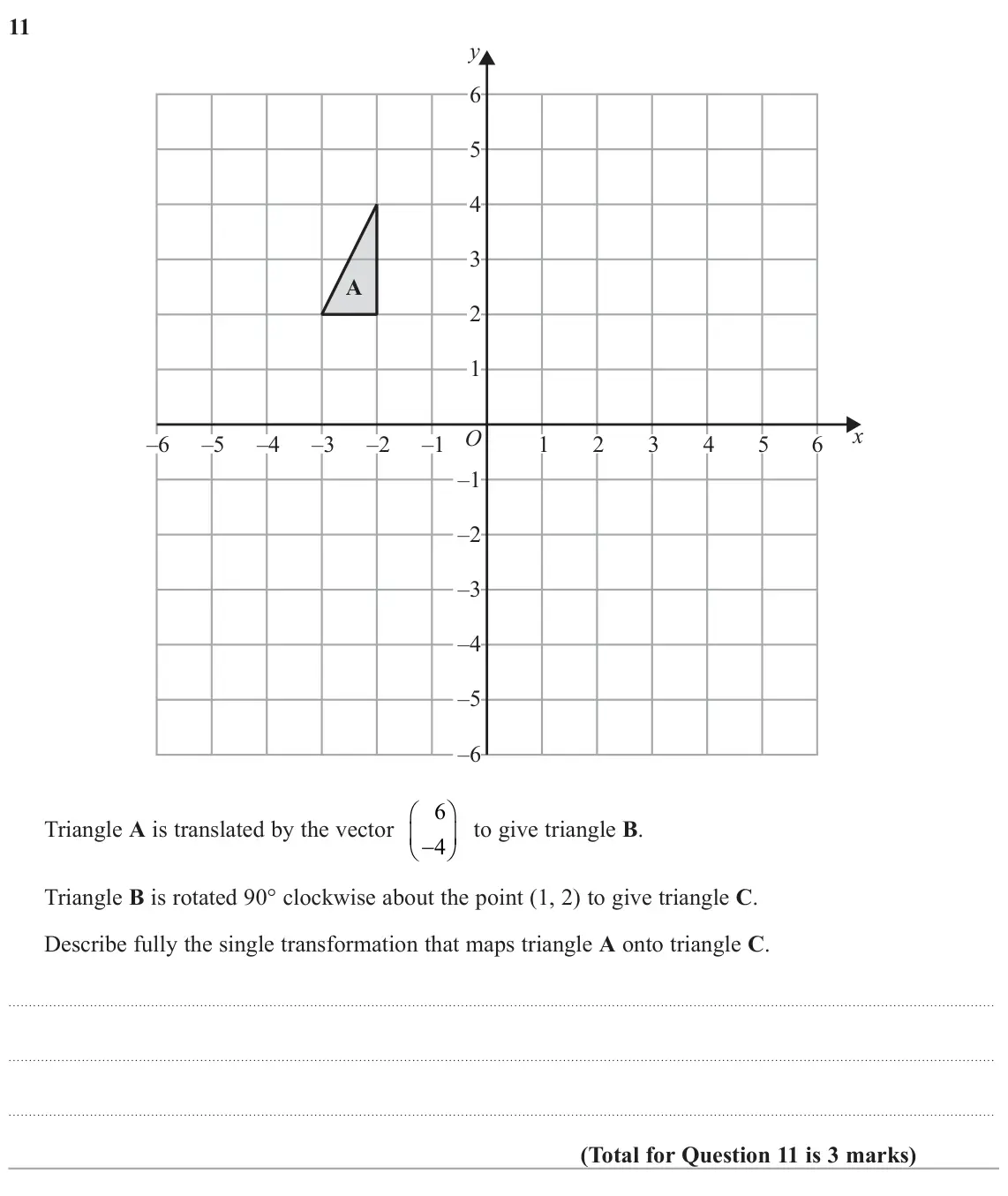 June 2024 Paper 1H, question 11: y 6 5 4 3 A 2 1 x O –6 –5 –4 –3 –2 –1 1 2 3 4 5 6 –1 –2 –3 –4 –5 –6 6  Triangle A is translated by the vector  to give triangle B. 4 Triangle B is rotated 90
