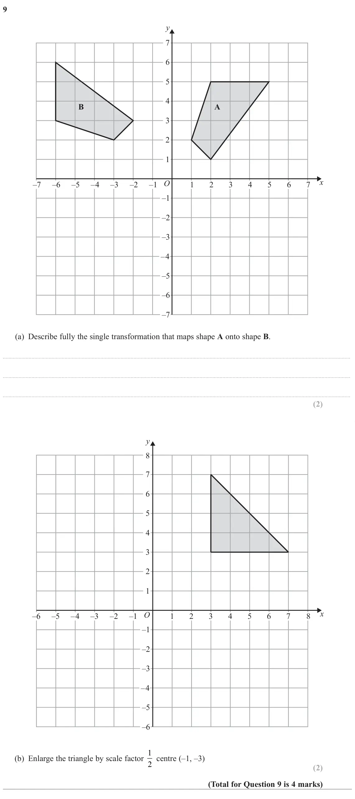 June 2025 Paper 1H, question 9: y 7 6 5 4 B A 3 2 1 x O –7 –6 –5 –4 –3 –2 –1 1 2 3 4 5 6 7 –1 –2 –3 –4 –5 –6 –7 (a) Describe fully the single transformation that maps shape A onto shape B. y 8