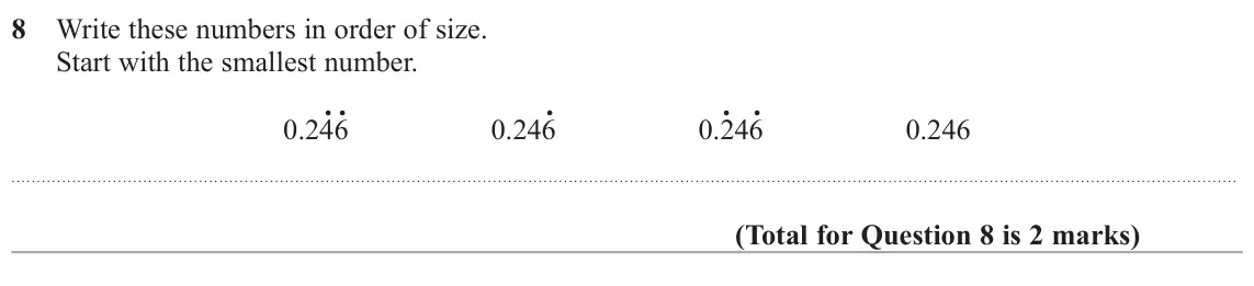 November 2017 Paper 1H, question 8: Write these numbers in order of size. Start with the smallest number. 0.24. 6. 0.246. 0.2. 46. 0.246