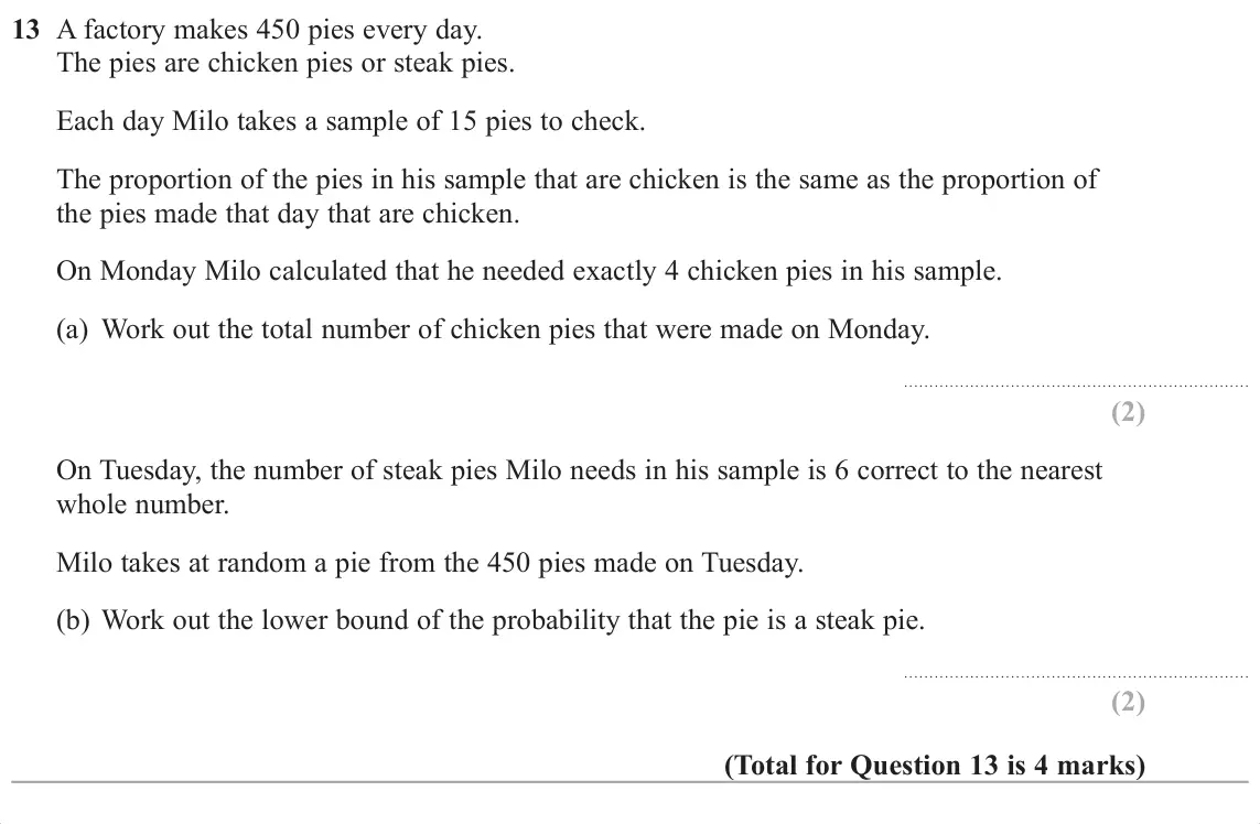 November 2017 Paper 1H, question 13: A factory makes 450 pies every day. The pies are chicken pies or steak pies. Each day Milo takes a sample of 15 pies to check. The proportion of the pies in his