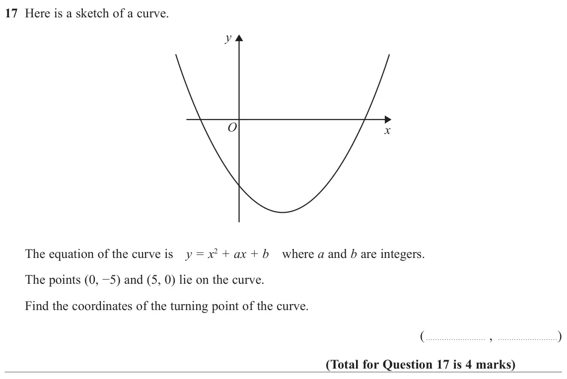 November 2018 Paper 1H, question 17: Here is a sketch of a curve. y O x The equation of the curve is y = x2 + ax + b where a and b are integers.  7KHSRLQWV í DQG  OLHRQWKHFXUYH Fi