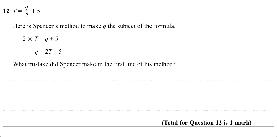 November 2019 Paper 1H, question 12: T = q 2 + 5 Here is Spencer’s method to make q the subject of the formula. 2 T = q + 5 q = 2T – 5 What mistake did Spencer make in the first line of his method?