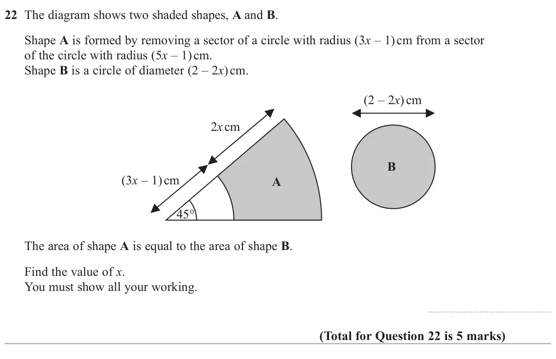 November 2020 Paper 1H, question 22: The diagram shows two shaded shapes, A and B. Shape A is formed by removing a sector of a circle with radius (3x – 1) cm from a sector of the circle with radius