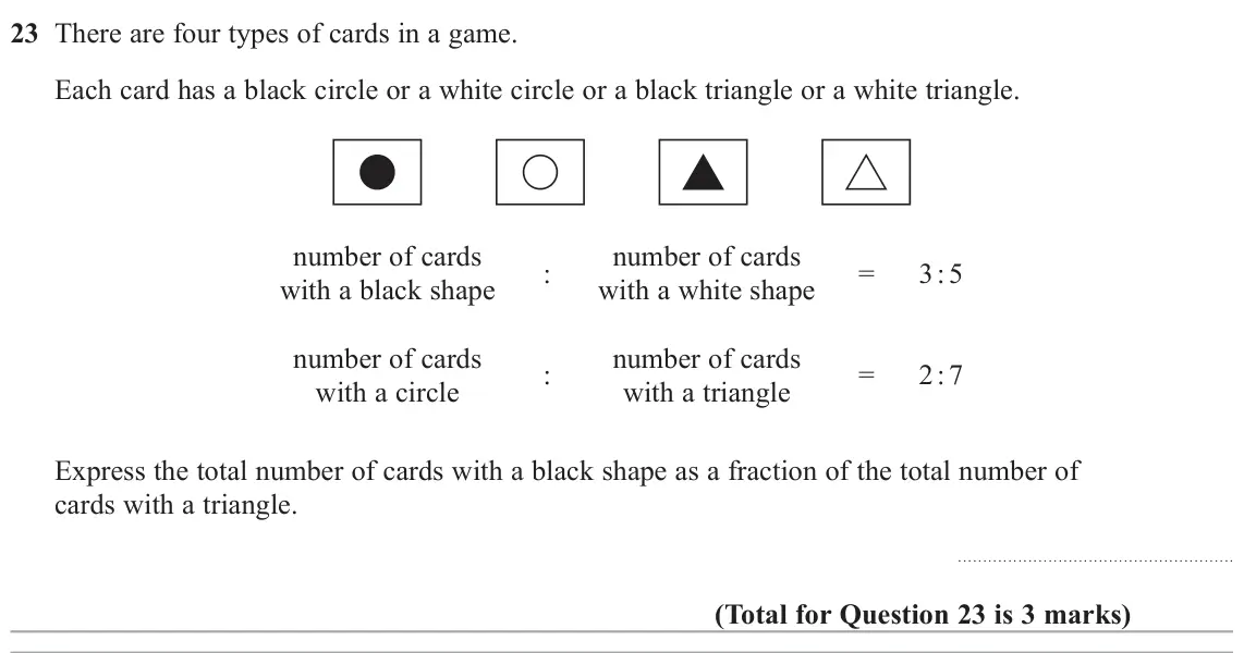 November 2020 Paper 1H, question 23: There are four types of cards in a game. Each card has a black circle or a white circle or a black triangle or a white triangle. number of cards number of cards