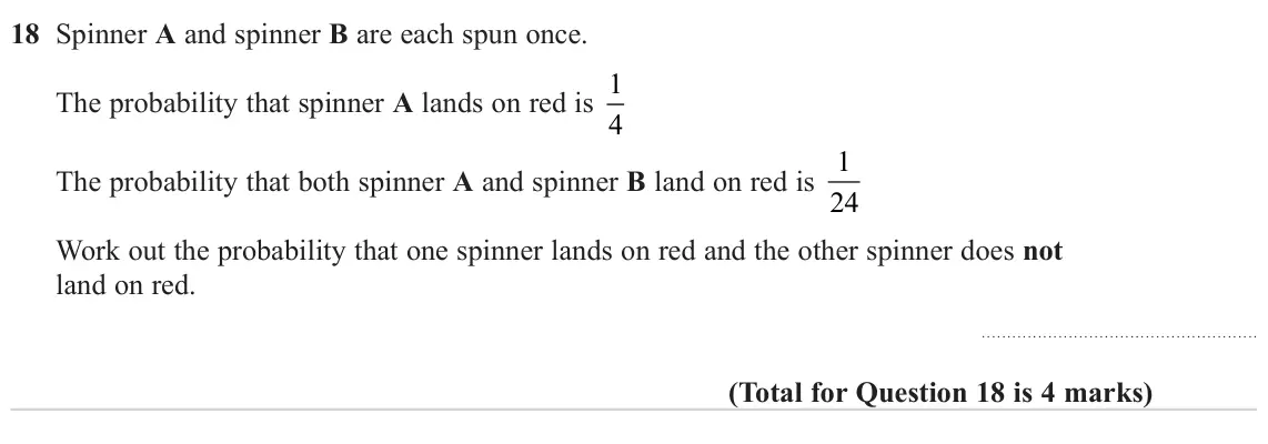 November 2023 Paper 1H, question 18: Spinner A and spinner B are each spun once. The probability that spinner A lands on red is 1 4 The probability that both spinner A and spinner B land on red is 