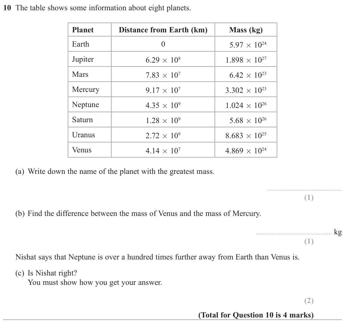 June 2017 Paper 2H, question 10: The table shows some information about eight planets. Planet Distance from Earth (km) Mass (kg) Earth 0 5.97 × 1024 Jupiter 6.29 × 108 1.898 × 1027 Mars 7.83 × 