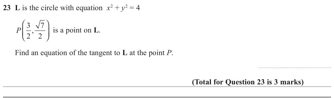 June 2017 Paper 2H, question 23: L is the circle with equation x2 + y2 = 4 ⎛ ⎞ P 3 7 ⎠⎟ is a point on L. , ⎝⎜ 2 2 Find an equation of the tangent to L at the point P.