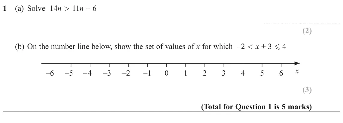 June 2019 Paper 2H, question 1: (a) Solve 14n 11n + 6 (b) On the number line below, show the set of values of x for which –2 x + 3 - 4 x –6 –5 –4 –3 –2 –1 0 1 2 3 4 5 6