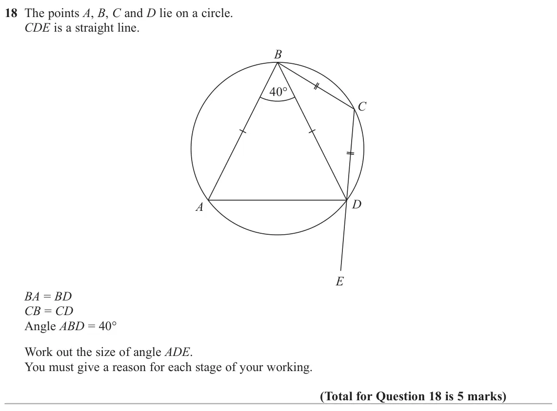 June 2019 Paper 2H, question 18: The points A, B, C and D lie on a circle. CDE is a straight line. B 40° C D A E BA = BD CB = CD Angle ABD = 40° Work out the size of angle ADE. You must give a
