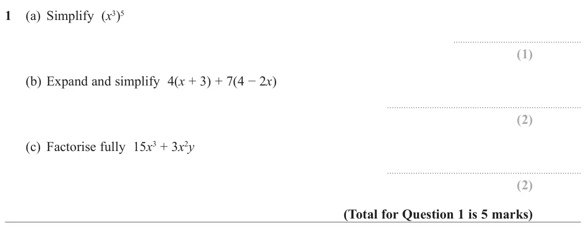 June 2022 Paper 2H, question 1: (a) Simplify (x3)5 (b) Expand and simplify 4(x + 3) + 7(4 − 2x) (c) Factorise fully 15x3 + 3x2y