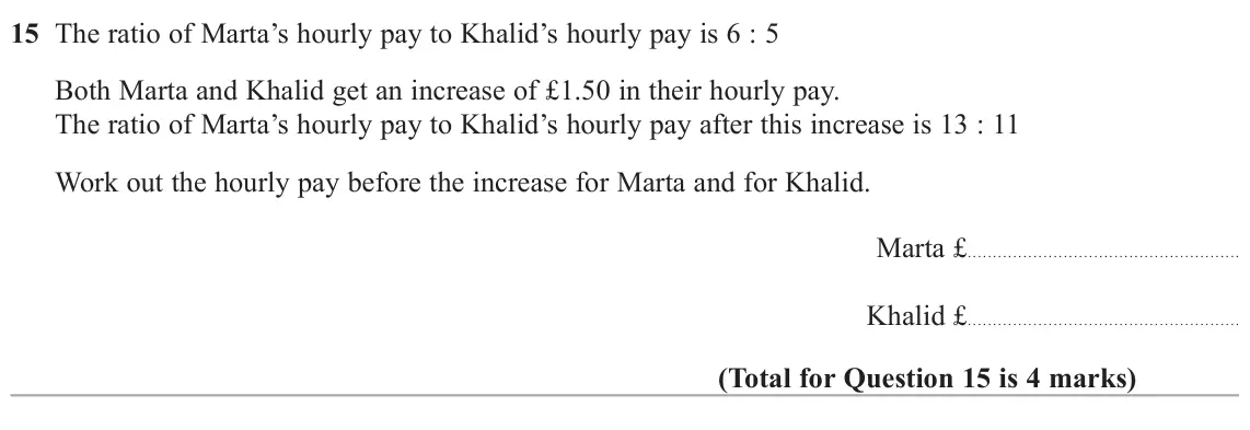 June 2022 Paper 2H, question 15: The ratio of Marta’s hourly pay to Khalid’s hourly pay is 6 : 5 Both Marta and Khalid get an increase of £1.50 in their hourly pay. The ratio of Marta’s hourly