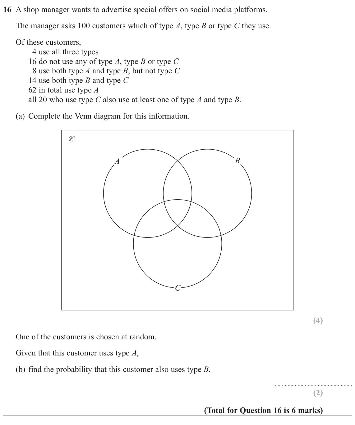 June 2022 Paper 2H, question 16: A shop manager wants to advertise special offers on social media platforms. The manager asks 100 customers which of type A, type B or type C they use. Of these
