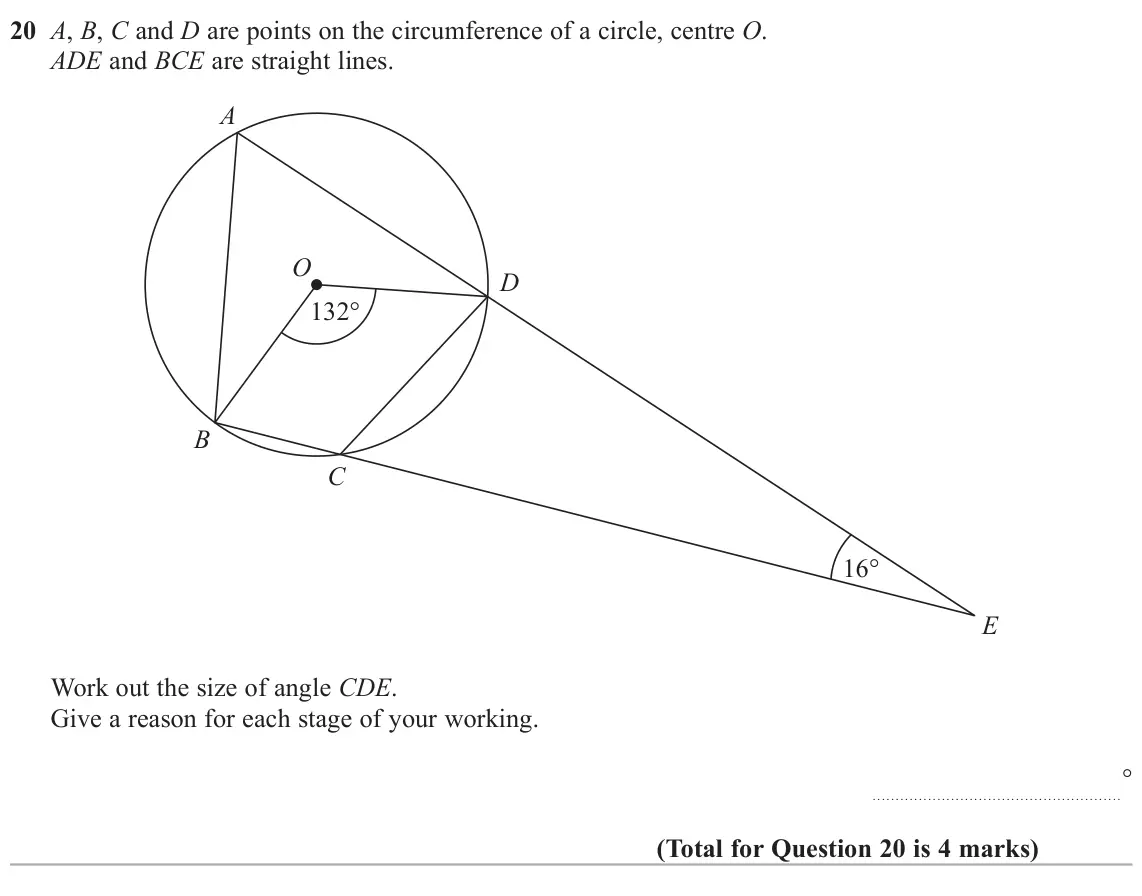 June 2022 Paper 2H, question 20: A, B, C and D are points on the circumference of a circle, centre O. ADE and BCE are straight lines. A O D 132° B C 16° E Work out the size of angle CDE. Give a