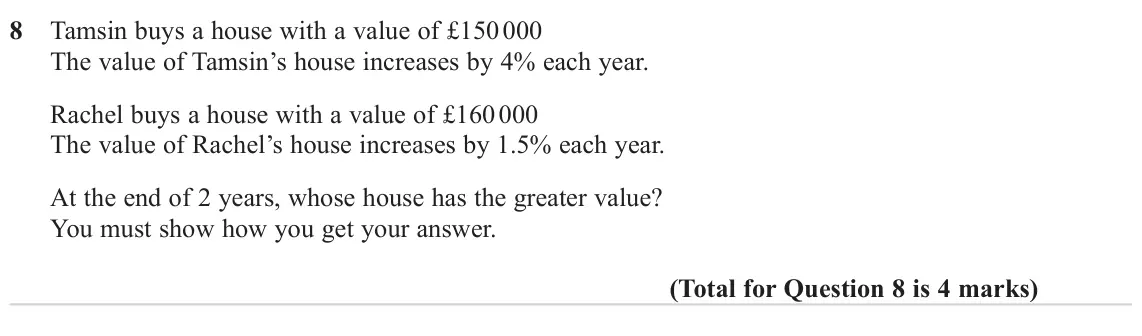 June 2023 Paper 2H, question 8: Tamsin buys a house with a value of £150 000 The value of Tamsin’s house increases by 4% each year. Rachel buys a house with a value of £160 000 The value of Ra