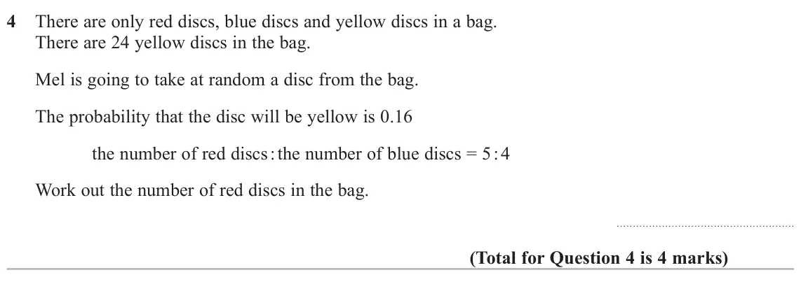 June 2024 Paper 2H, question 4: There are only red discs, blue discs and yellow discs in a bag. There are 24 yellow discs in the bag. Mel is going to take at random a disc from the bag. The pr
