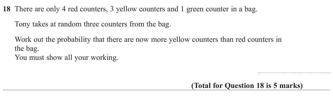June 2024 Paper 2H, question 18: There are only 4 red counters, 3 yellow counters and 1 green counter in a bag. Tony takes at random three counters from the bag. Work out the probability that t