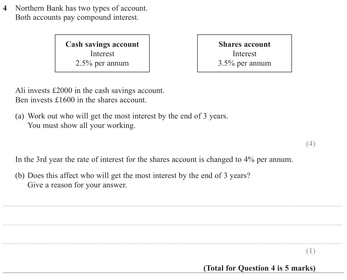 November 2018 Paper 2H, question 4: Northern Bank has two types of account. Both accounts pay compound interest. Cash savings account Shares account Interest Interest 2.5% per annum 3.5% per annum