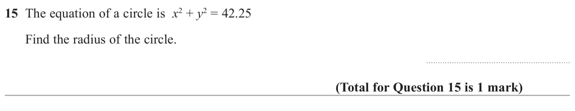 November 2018 Paper 2H, question 15: The equation of a circle is x2 + y2 = 42.25 Find the radius of the circle.