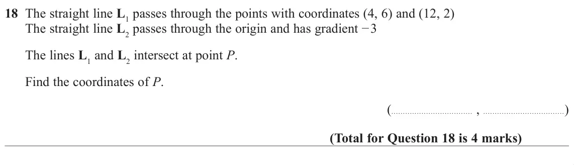 November 2018 Paper 2H, question 18: The straight line L1 passes through the points with coordinates (4, 6) and (12, 2) The straight line L2SDVVHVWKURXJKWKHRULJLQDQGKDVJUDGLHQWí The lines 