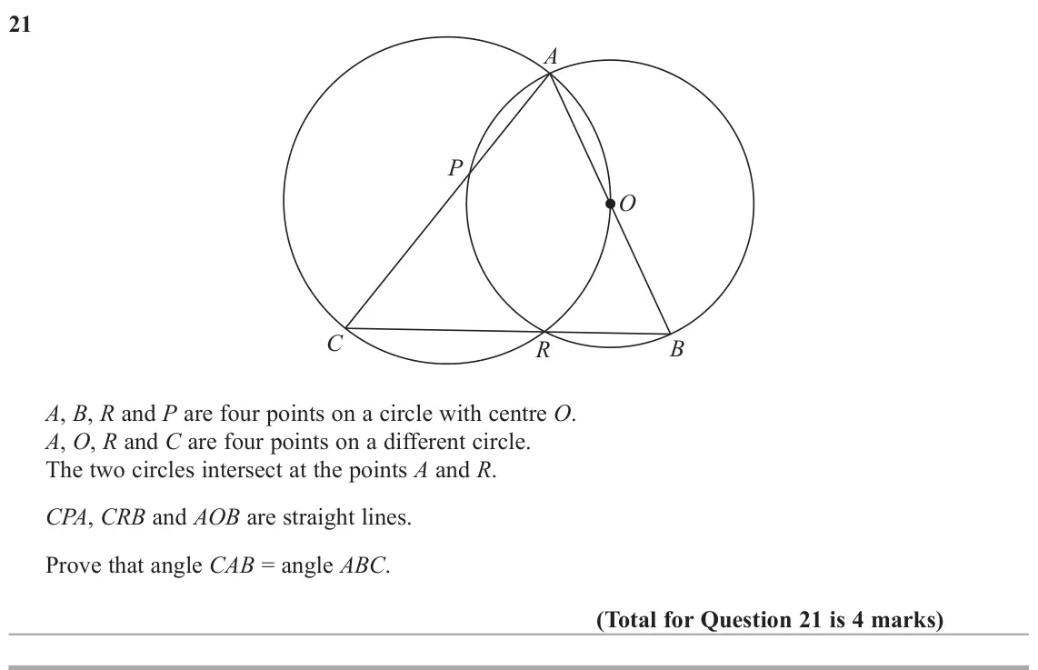 November 2018 Paper 2H, question 21: A P O C R B A, B, R and P are four points on a circle with centre O. A, O, R and C are four points on a different circle. The two circles intersect at the point