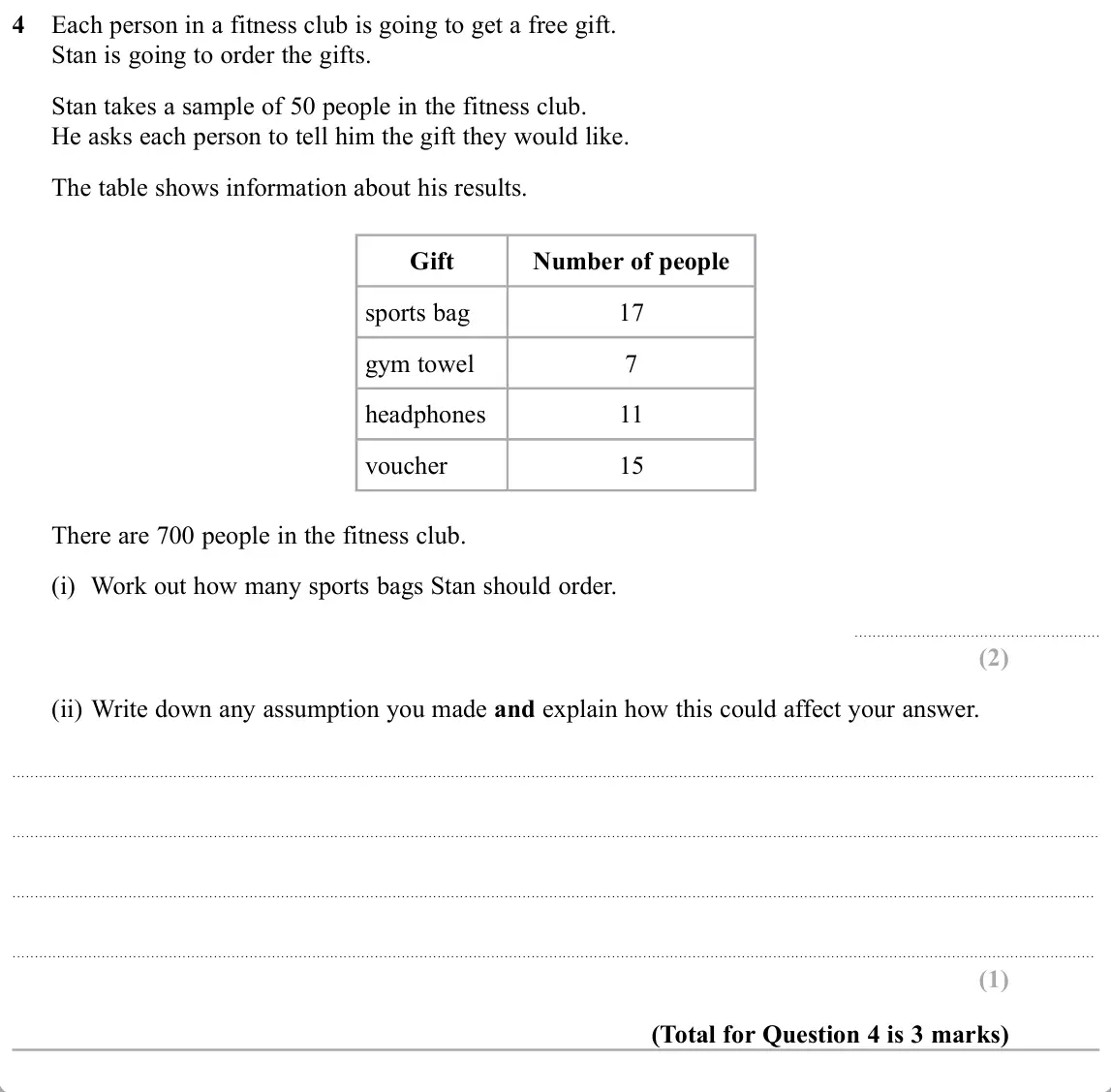 November 2019 Paper 2H, question 4: Each person in a fitness club is going to get a free gift. Stan is going to order the gifts. Stan takes a sample of 50 people in the fitness club. He asks each