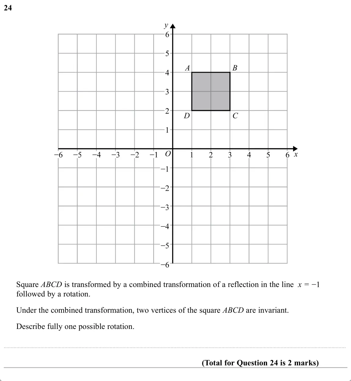 November 2019 Paper 2H, question 24: y 6 5 A B 4 3 2 D C 1 O x 1 2 3 4 5 6 Square ABCD is transformed by a combined transformation of a reflection in the line x followed by a rotation. Under the co