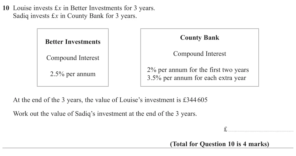November 2021 Paper 2H, question 10: Louise invests £x in Better Investments for 3 years. Sadiq invests £x in County Bank for 3 years. County Bank Better Investments Compound Interest Compound Inte