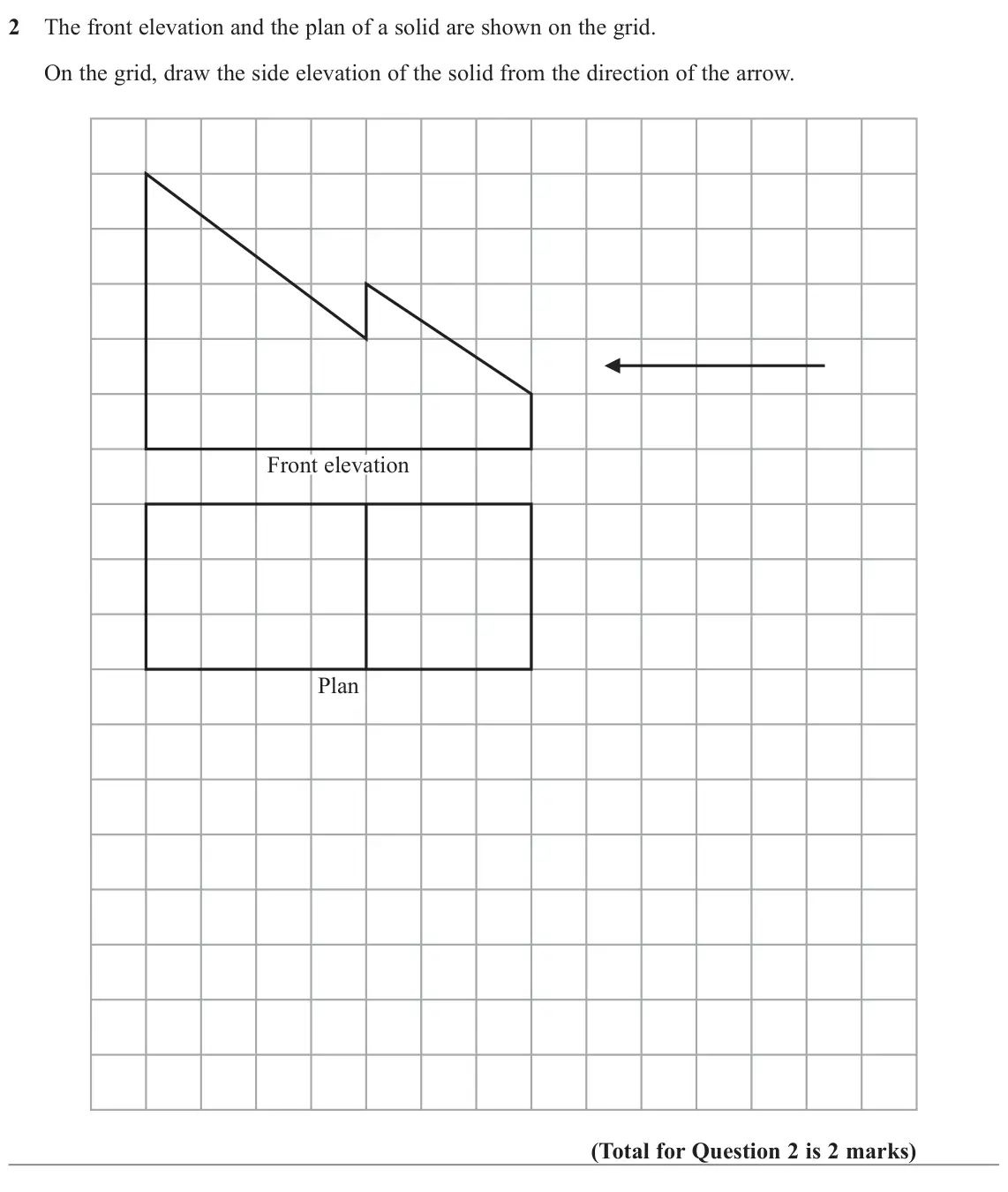 November 2022 Paper 2H, question 2: The front elevation and the plan of a solid are shown on the grid. On the grid, draw the side elevation of the solid from the direction of the arrow. Front elev