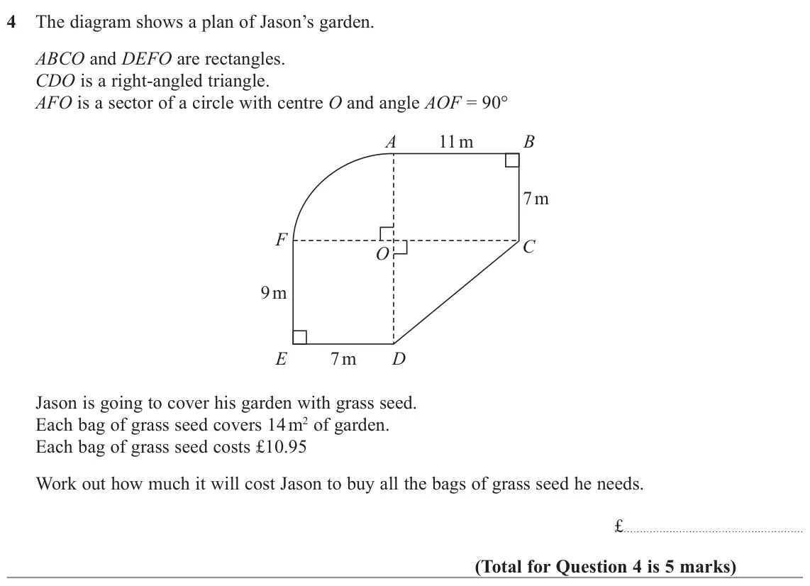 November 2022 Paper 2H, question 4: The diagram shows a plan of Jason’s garden. ABCO and DEFO are rectangles. CDO is a right-angled triangle. AFO is a sector of a circle with centre O and angle AO