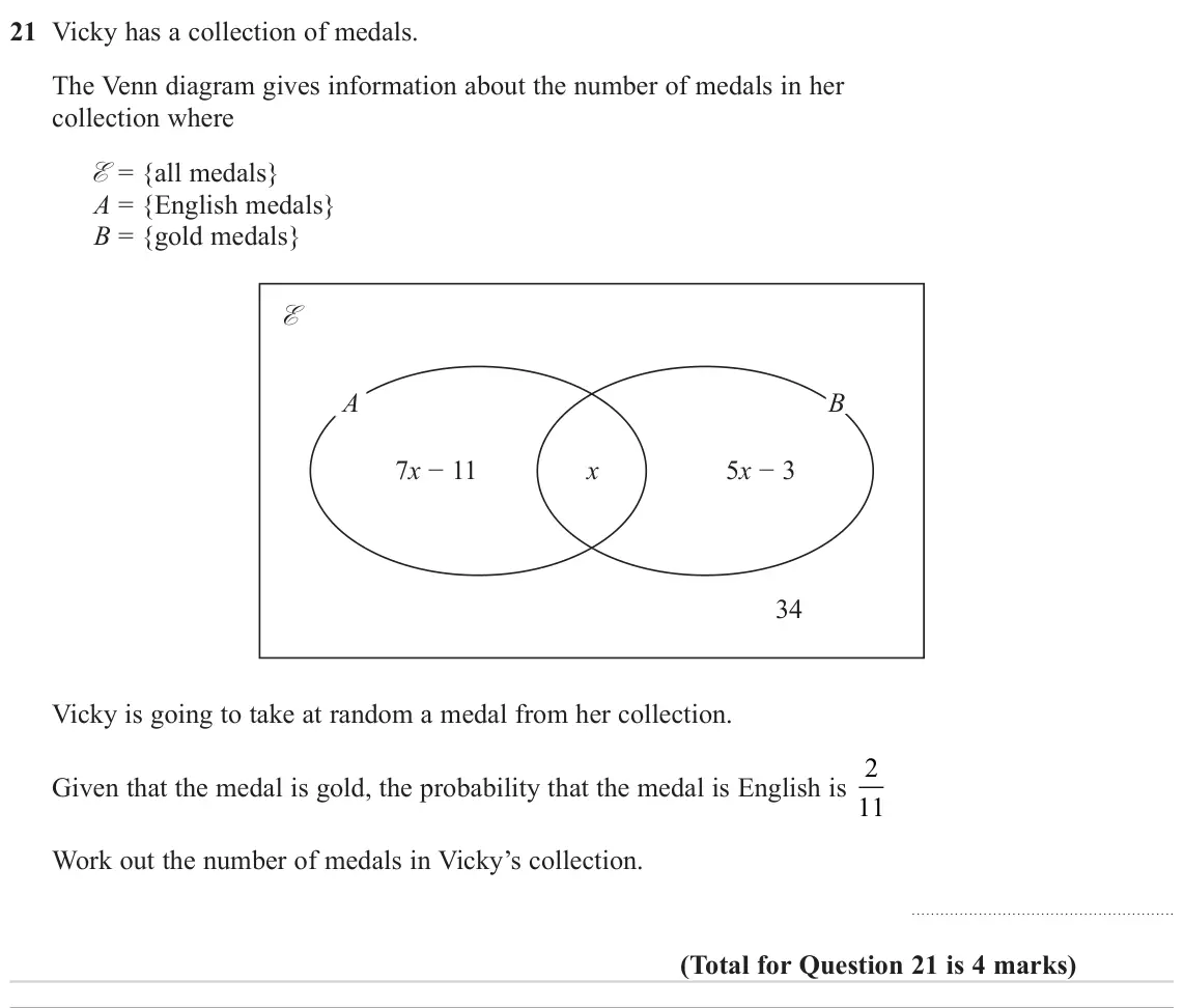 November 2023 Paper 2H, question 21: Vicky has a collection of medals. The Venn diagram gives information about the number of medals in her collection where E = {all medals} A = {English medals} B