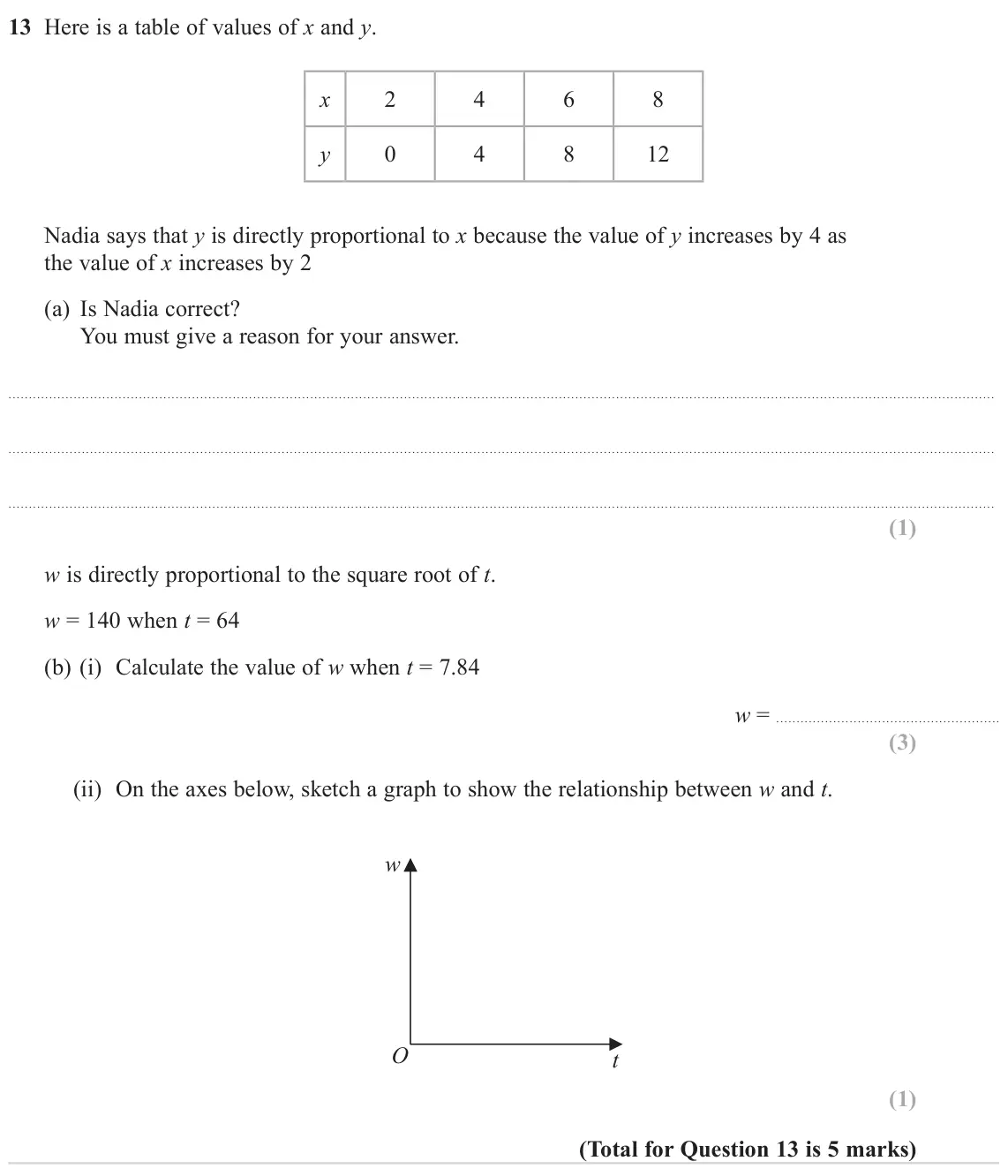 November 2024 Paper 2H, question 13: Here is a table of values of x and y. x 2 4 6 8 y 0 4 8 12 Nadia says that y is directly proportional to x because the value of y increases by 4 as the value of