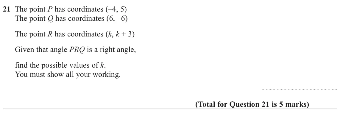 November 2024 Paper 2H, question 21: The point P has coordinates (–4, 5) The point Q has coordinates (6, –6) The point R has coordinates (k, k + 3) Given that angle PRQ is a right angle, find the p