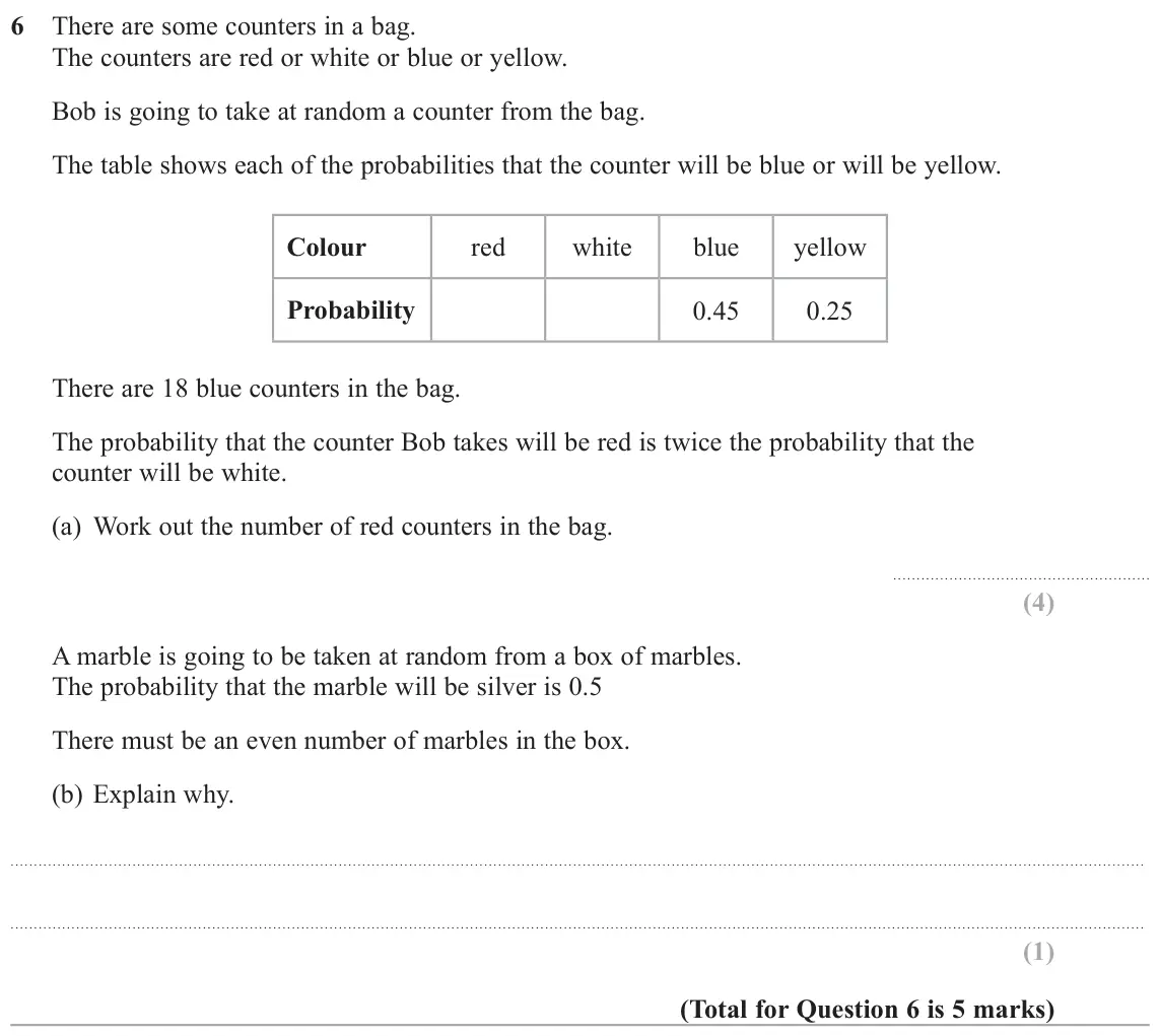 June 2018 Paper 3H, question 6: There are some counters in a bag. The counters are red or white or blue or yellow. Bob is going to take at random a counter from the bag. The table shows each o