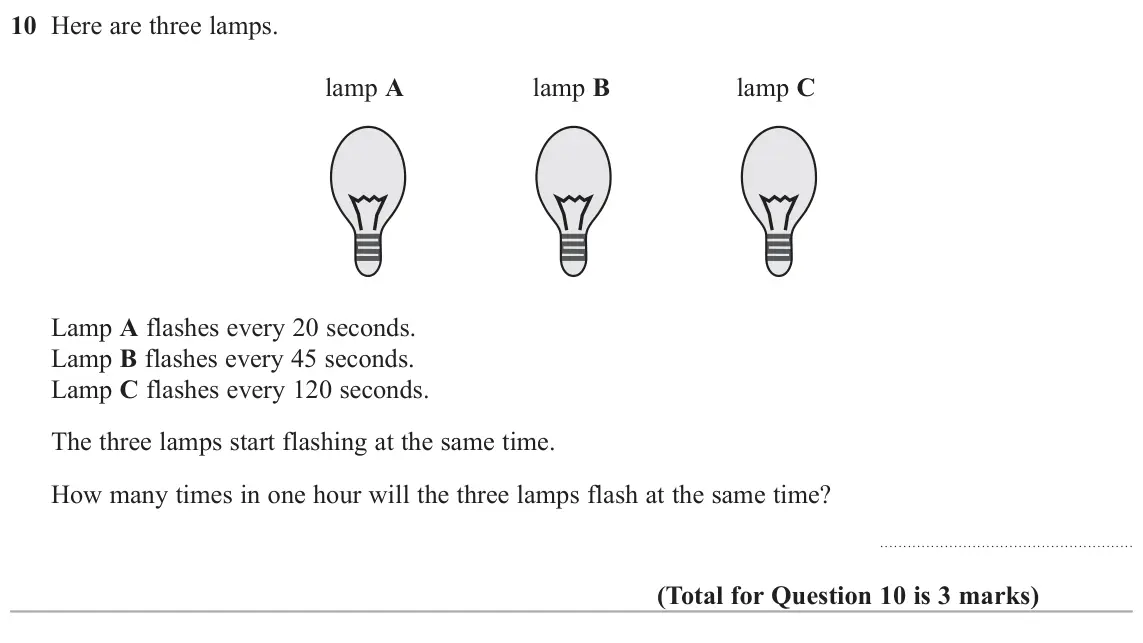 June 2018 Paper 3H, question 10: Here are three lamps. lamp A lamp B lamp C Lamp A flashes every 20 seconds. Lamp B flashes every 45 seconds. Lamp C flashes every 120 seconds. The three lamps s