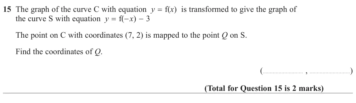 June 2019 Paper 3H, question 15: The graph of the curve C with equation y f(x) is transformed to give the graph of the curve S with equation y f(x)  3 The point on C with coordinates (7, 2) 