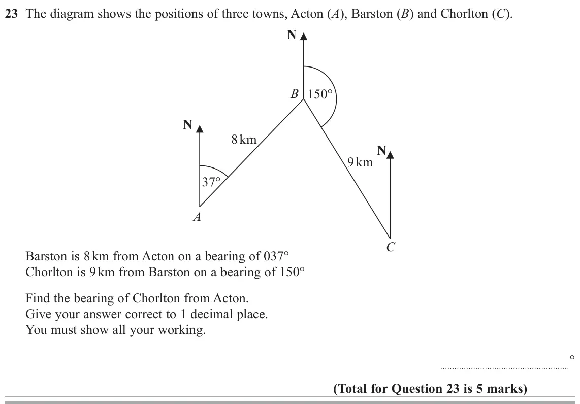 June 2019 Paper 3H, question 23: The diagram shows the positions of three towns, Acton (A), Barston (B) and Chorlton (C). N B 150° N 8 km N 9 km 37° A C Barston is 8 km from Acton on a bearing