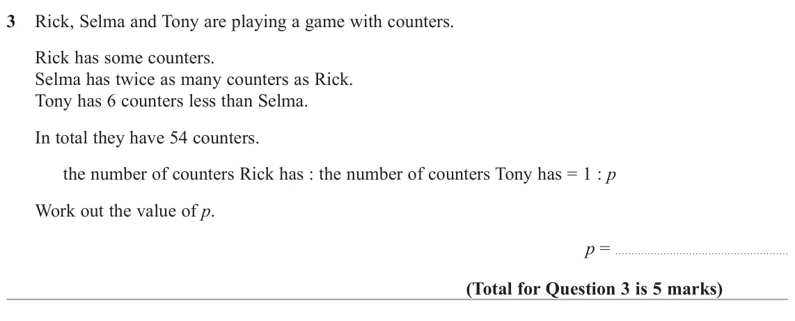 June 2022 Paper 3H, question 3: Rick, Selma and Tony are playing a game with counters. Rick has some counters. Selma has twice as many counters as Rick. Tony has 6 counters less than Selma. In