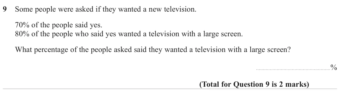 June 2023 Paper 3H, question 9: Some people were asked if they wanted a new television. 70% of the people said yes. 80% of the people who said yes wanted a television with a large screen. What
