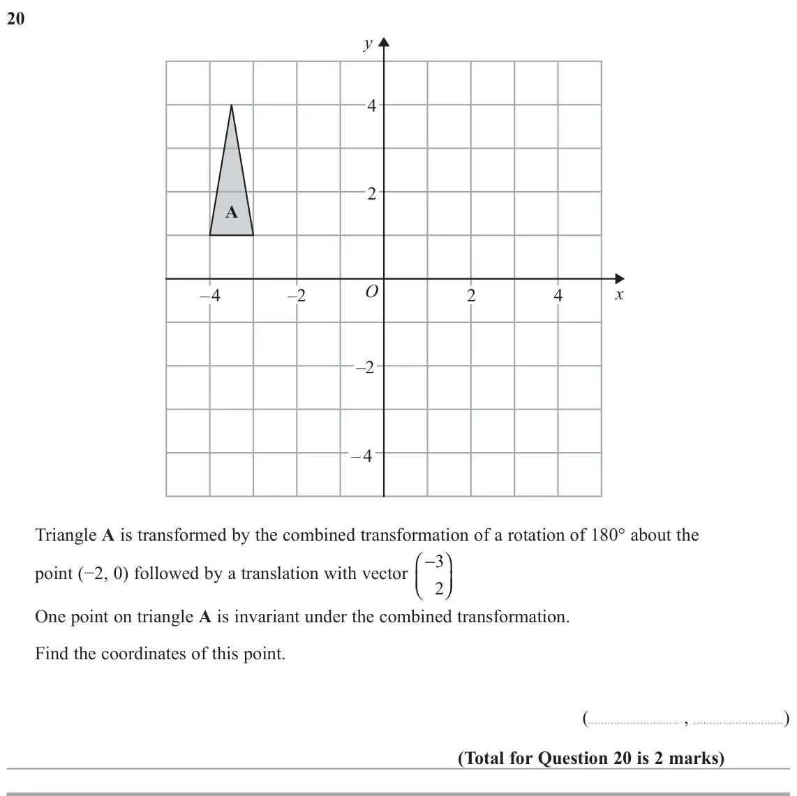 November 2018 Paper 3H, question 20: y 4 2 A O x –4 –2 2 4 –2 –4 Triangle A is transformed by the combined transformation of a rotation of 180° about the SRLQW í IROORZHGE\DWUDQVODWLRQZLW