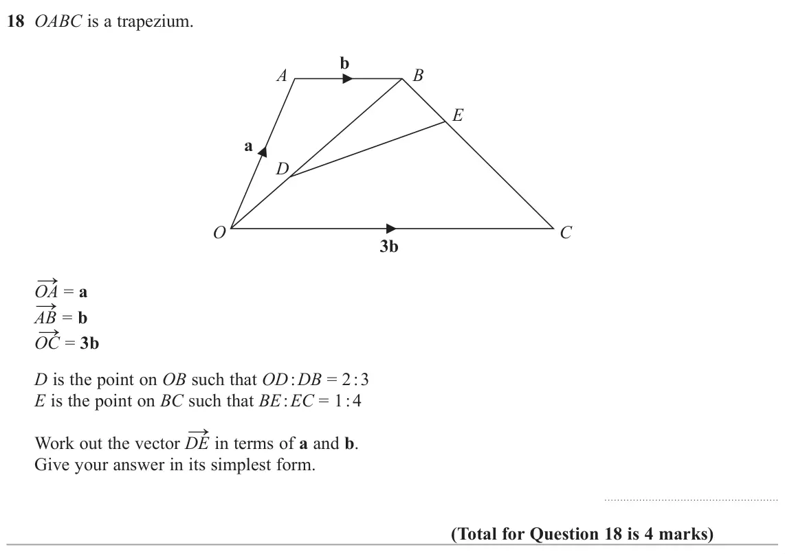 November 2021 Paper 3H, question 18: OABC is a trapezium. b A B E a D O C 3b → = a OA → = b AB → = 3b OC D is the point on OB such that OD : DB = 2 : 3 E is the point on BC such that BE : EC = 1 : 