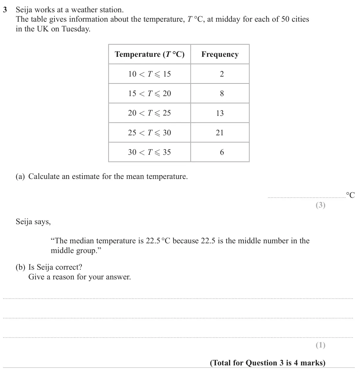 November 2023 Paper 3H, question 3: Seija works at a weather station. The table gives information about the temperature, T °C, at midday for each of 50 cities in the UK on Tuesday. Temperature (T