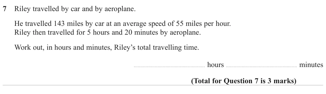 November 2023 Paper 3H, question 7: Riley travelled by car and by aeroplane. He travelled 143 miles by car at an average speed of 55 miles per hour. Riley then travelled for 5 hours and 20 minutes