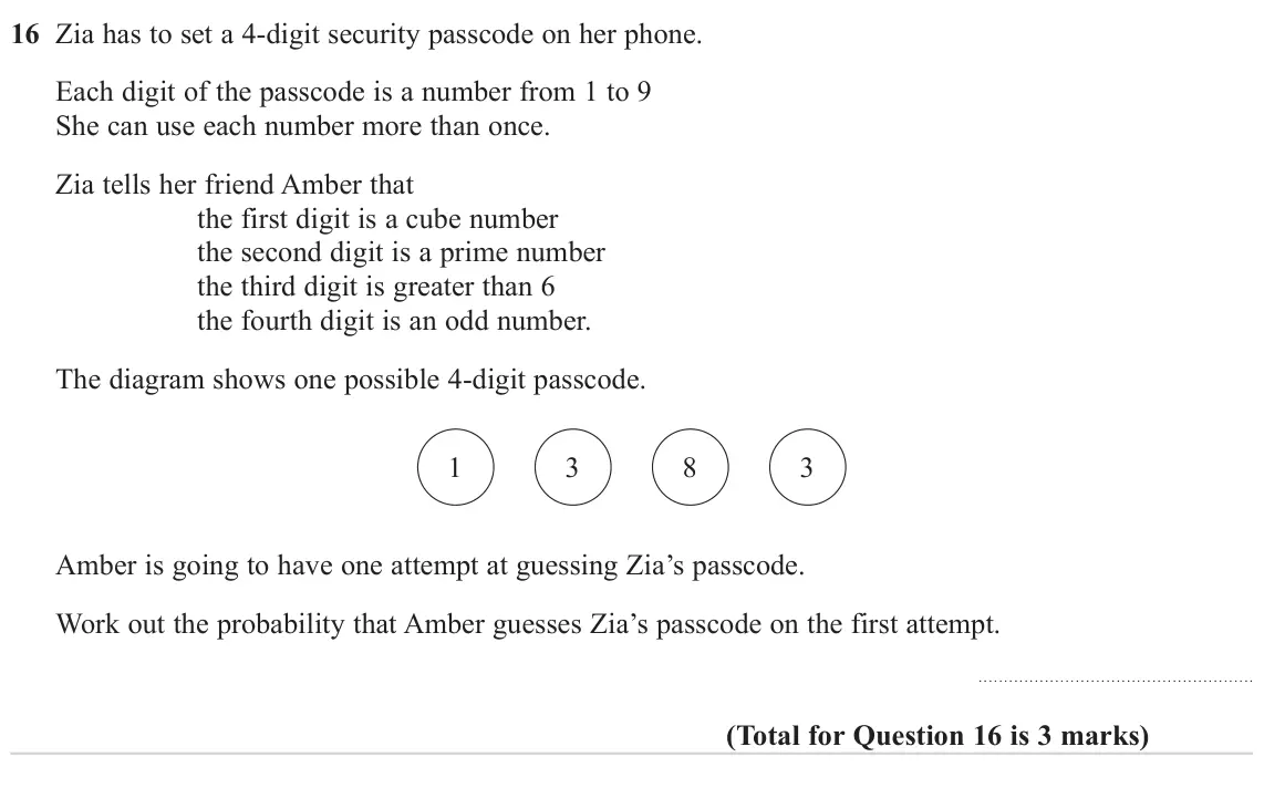 November 2023 Paper 3H, question 16: Zia has to set a 4‑digit security passcode on her phone. Each digit of the passcode is a number from 1 to 9 She can use each number more than once. Zia tells he