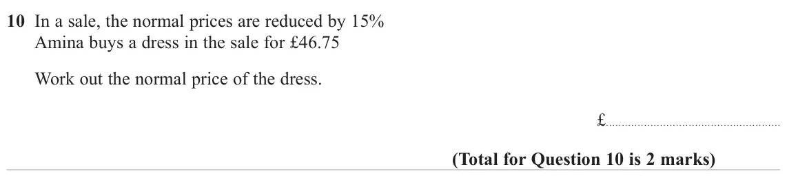 November 2024 Paper 3H, question 10: In a sale, the normal prices are reduced by 15% Amina buys a dress in the sale for £46.75 Work out the normal price of the dress. £
