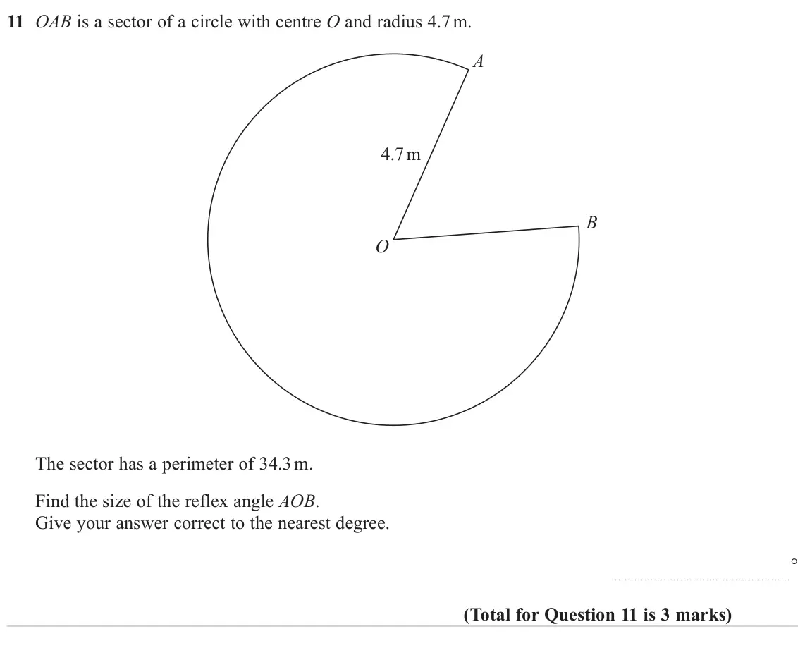 November 2024 Paper 3H, question 11: OAB is a sector of a circle with centre O and radius 4.7 m. A 4.7 m B O The sector has a perimeter of 34.3 m. Find the size of the reflex angle AOB. Give your a